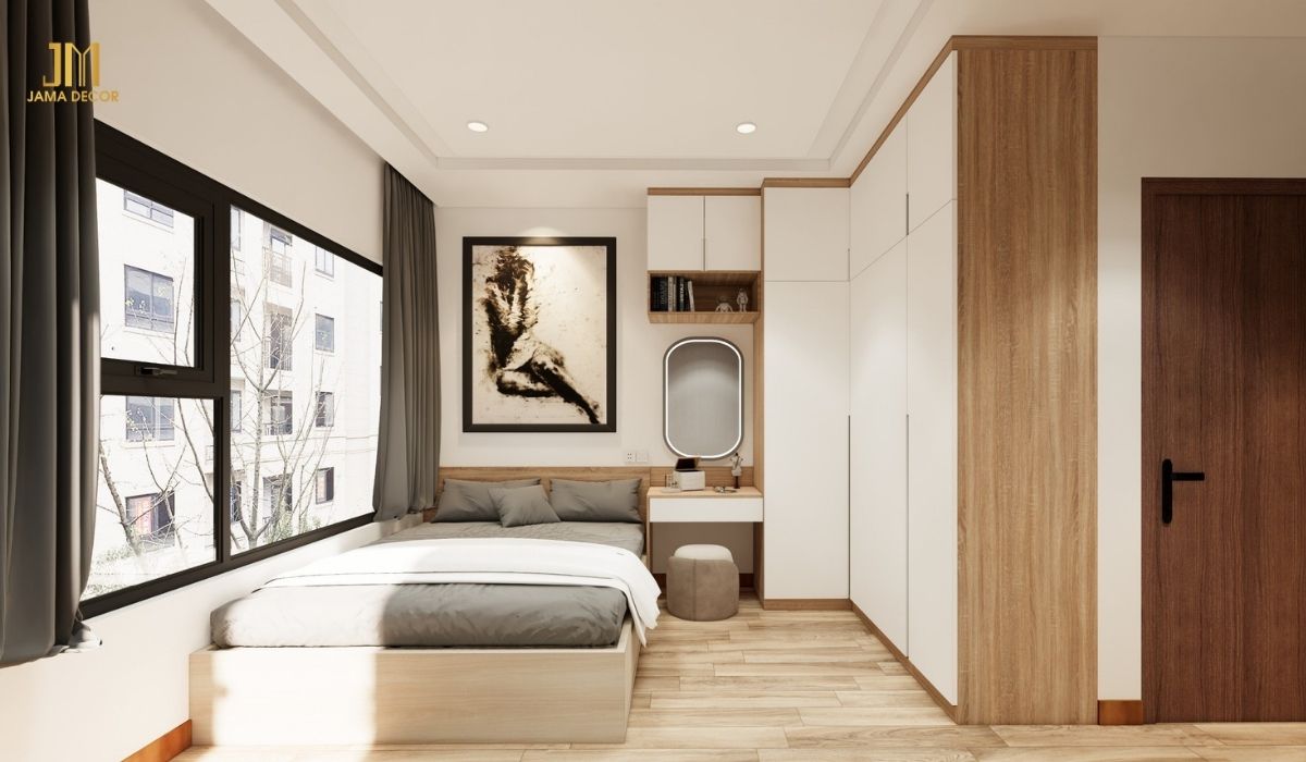 Gương có thể được đặt ở bên cạnh giường ngủ để tạo cảm giác không gian rộng rãi hơn