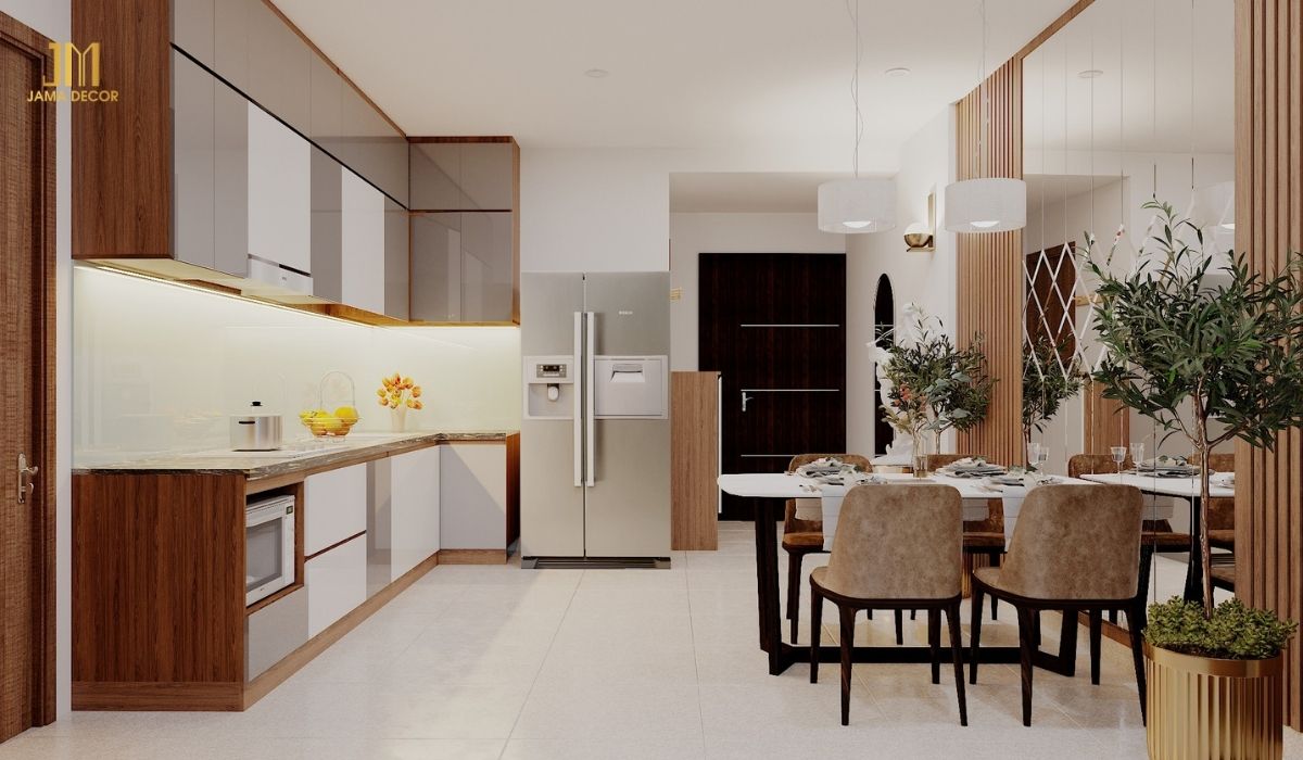 Cây xanh giúp tô điểm thêm cho không gian bếp, tạo cảm giác gần gũi với thiên nhiên