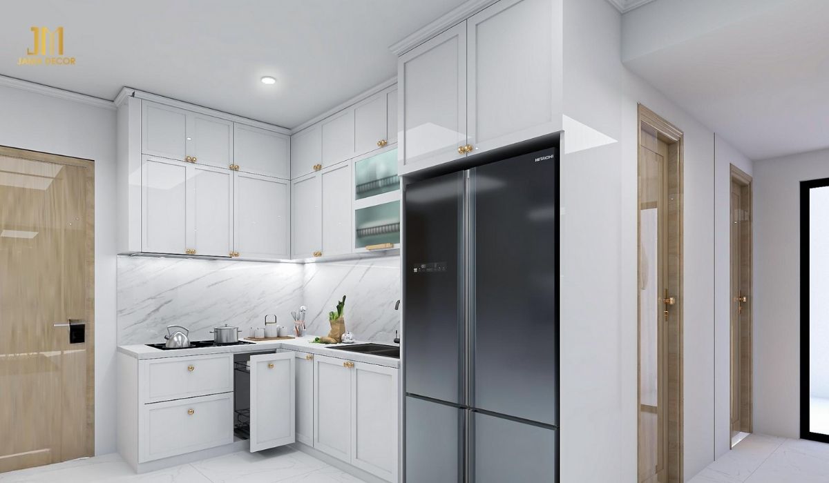 Tủ bếp kịch trần tận dụng tối đa chiều cao của căn bếp, giúp tăng gấp đôi diện tích lưu trữ so với tủ bếp thông thường