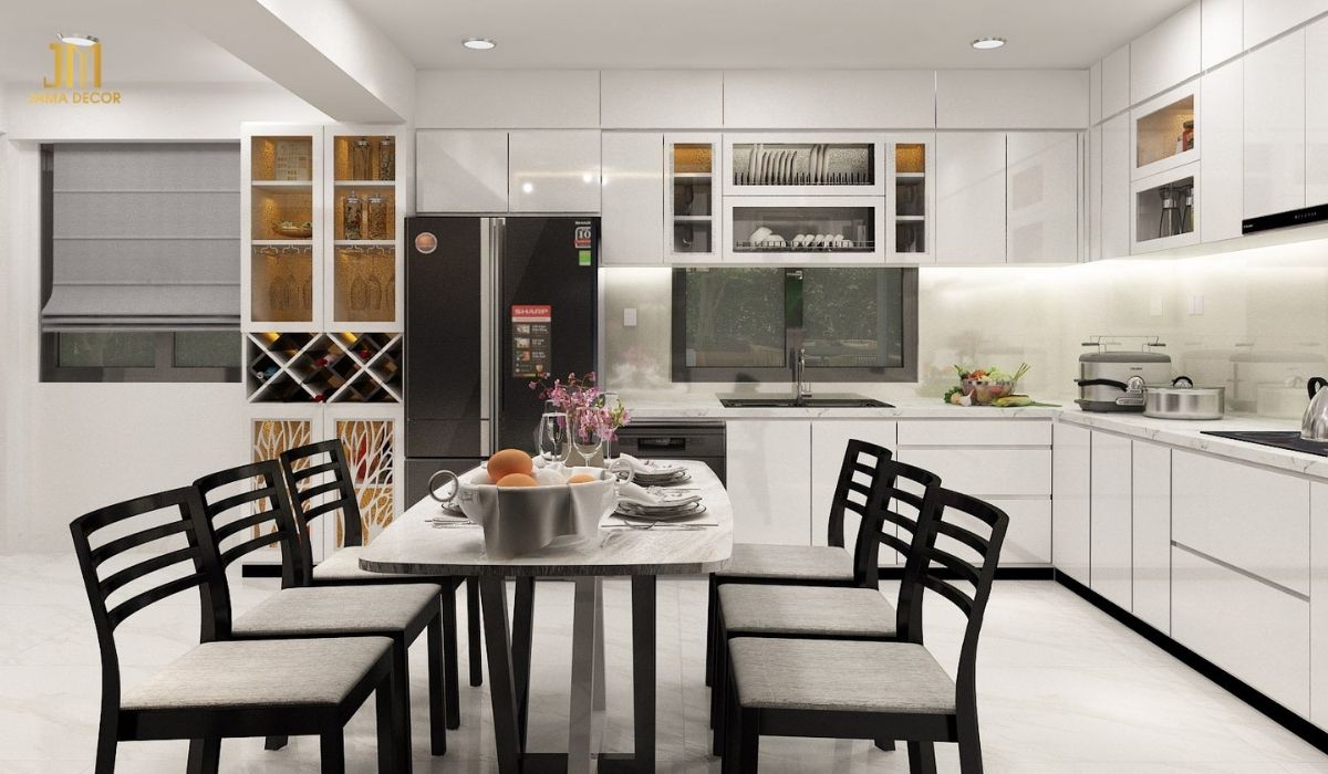 Tone trắng mang lại vẻ đẹp thanh lịch và sang trọng cho không gian bếp