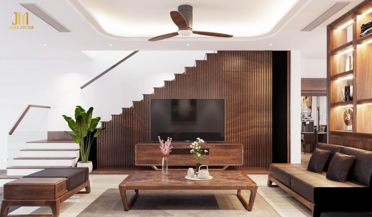 Ốp gỗ vách sau tivi mang đến vẻ đẹp sang trọng và ấm cúng hơn cho phòng khách