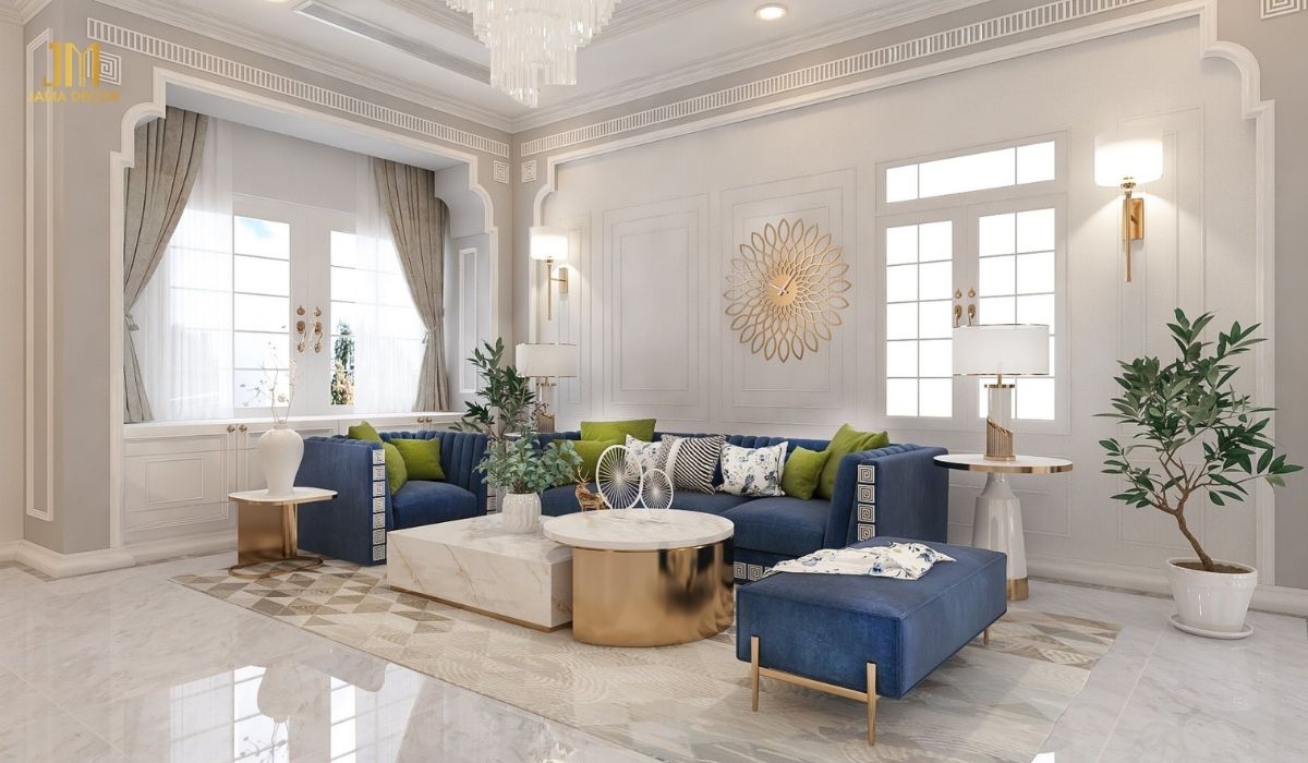 Giữa không gian trắng tinh của nội thất, một bộ sofa xanh lam sẽ là điểm nhấn tuyệt vời, tạo nên sự tương phản ấn tượng và thu hút mọi ánh nhìn