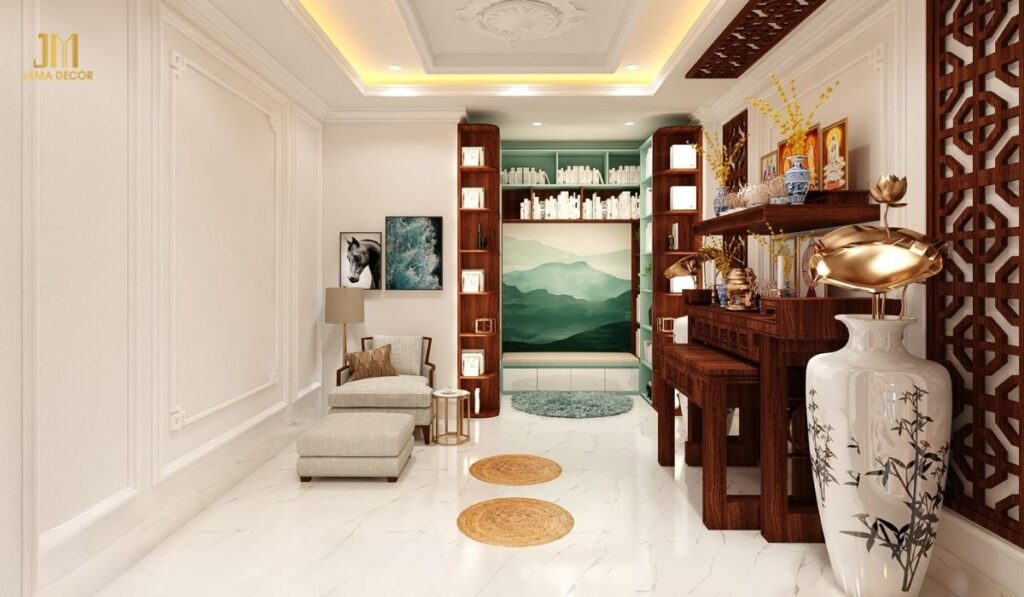 Thiết kế phòng thờ cần đảm bảo sự trang nghiêm, thanh tịnh nhưng cũng không kém phần hiện đại