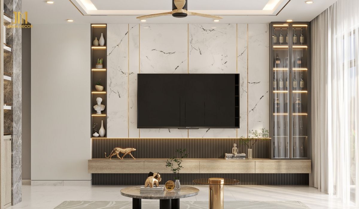 Khu vực phòng khách biệt thự trang trí đơn giản với hệ tủ kính đính đèn led