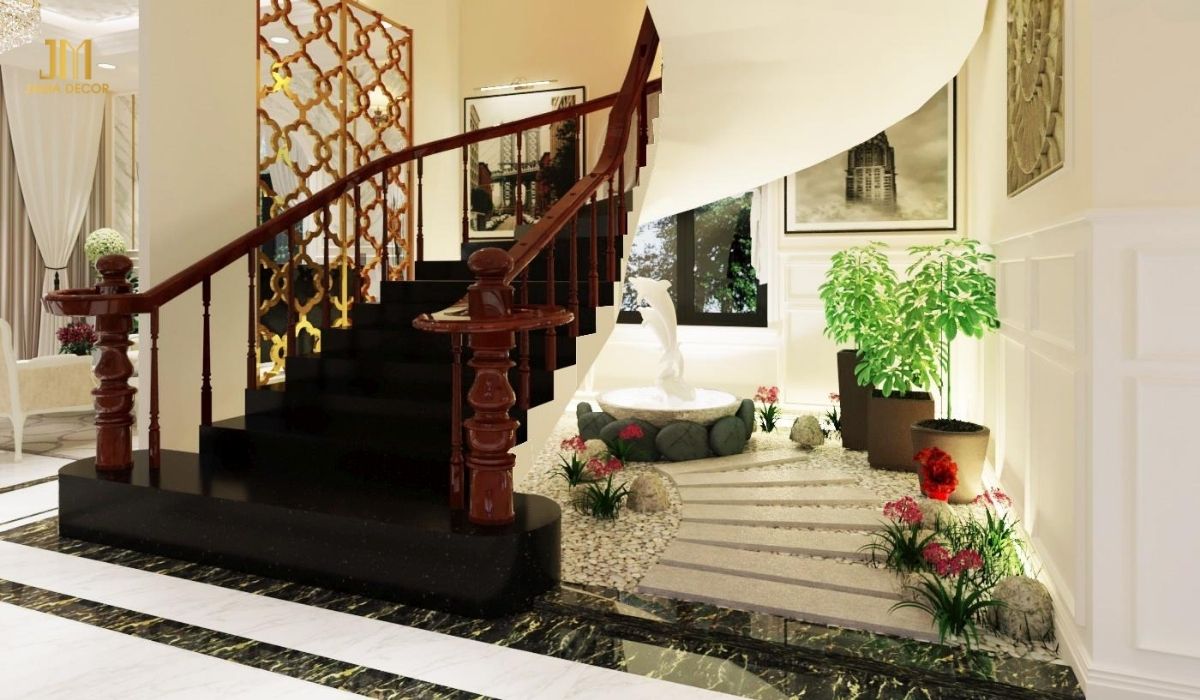 Chân cầu thang là vị trí lý tưởng để thiết kế tiểu cảnh tạo điểm nhấn và mang lại không gian thư giãn