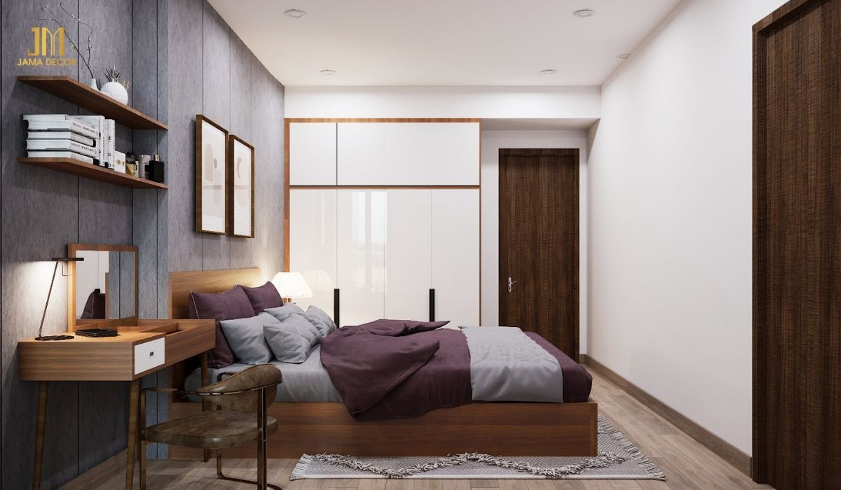 Phía trên bàn trang điểm được lắp thêm kệ đựng đồ với tiêu chí tận dụng mọi không gian