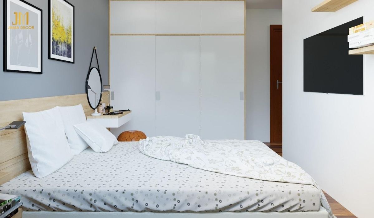 Phòng ngủ chung cư tuy nhỏ nhưng vẫn đảm bảo đồ nội thất đáp ứng đầy đủ công năng sử dụng