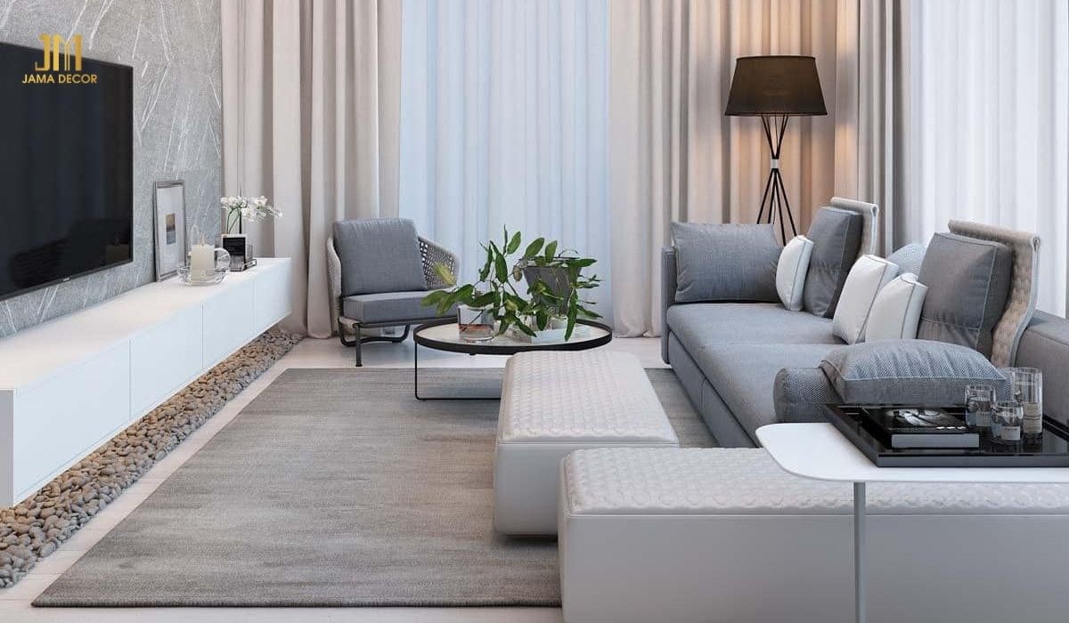 70+ Mẫu nội thất phòng khách đẹp cho mọi không gian 66 Không gian đơn giản với sofa xám nhạt dùng để tiếp khách, trò chuyện