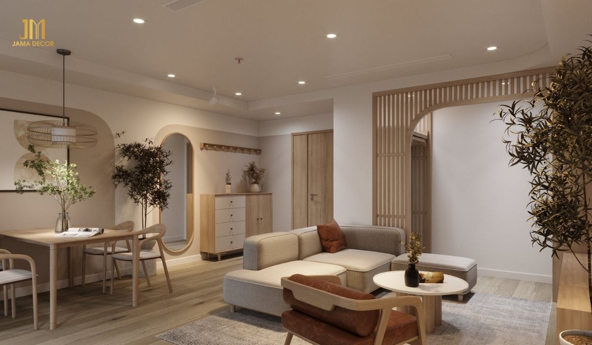 70+ Mẫu nội thất phòng khách đẹp cho mọi không gian 64 Nếu yêu thích sự nhẹ nhàng, đầm ấm, bạn có thể tham khảo mẫu nội thất phòng khách với tone màu kem, be tích hợp