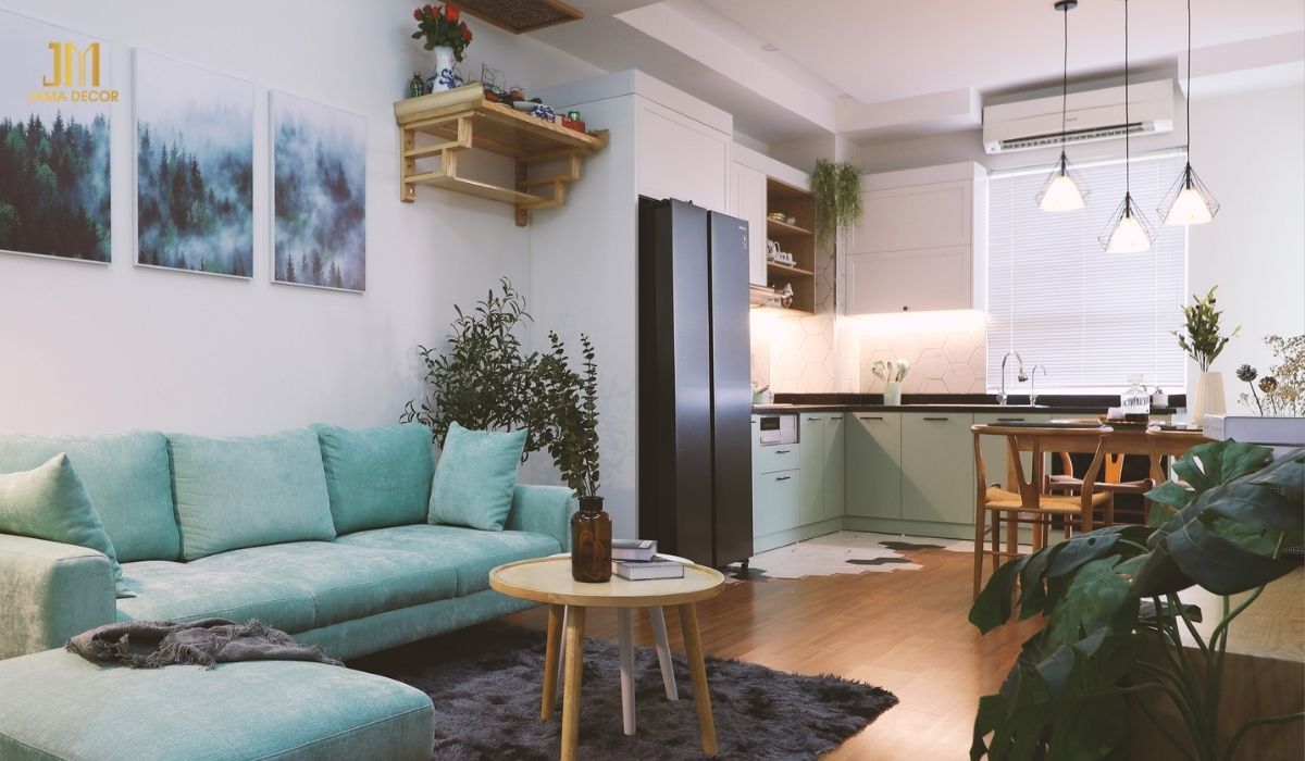 70+ Mẫu nội thất phòng khách đẹp cho mọi không gian 62 Bộ bàn ghế màu xanh ngọc, thảm lông màu đen cùng kết hợp với tranh tường giúp không gian phòng khách không nhà chán