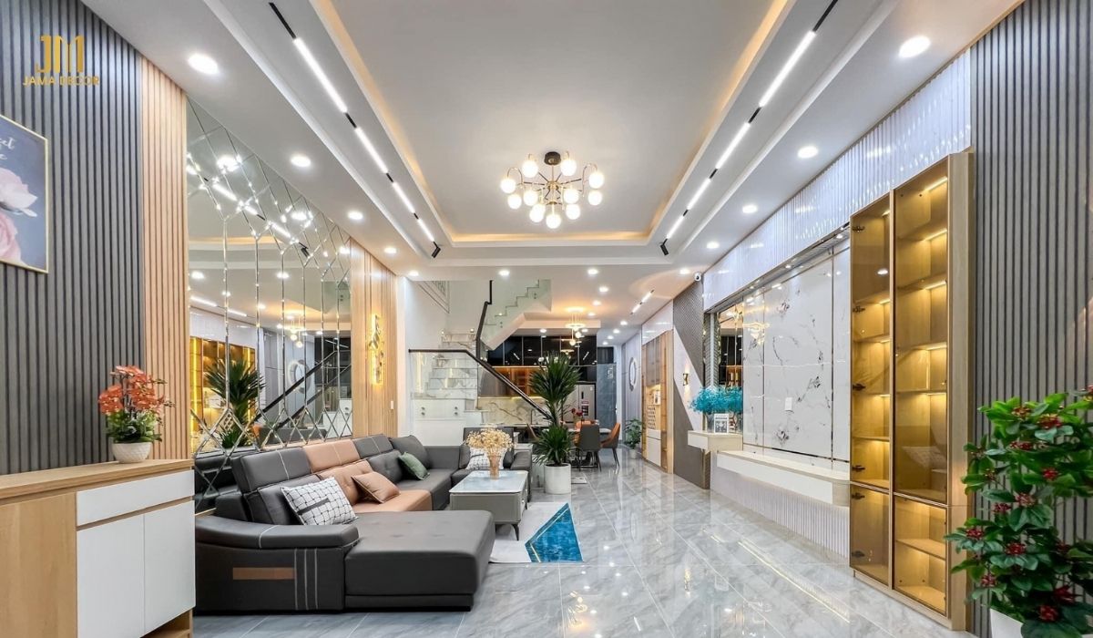 70+ Mẫu nội thất phòng khách đẹp cho mọi không gian 52 Nhiều món đồ nội thất kết hợp cùng với vách kính thủy tinh càng làm không gian phòng khách nhà phố lung linh, sang trọng