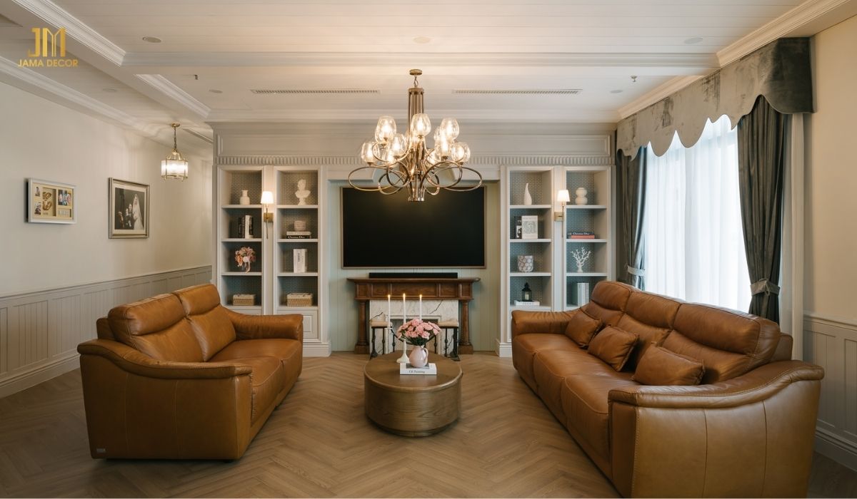 70+ Mẫu nội thất phòng khách đẹp cho mọi không gian 42 Để không gian trở nên sang trọng hơn, tone màu trầm như kem, vàng nâu là lựa chọn dành cho bạn