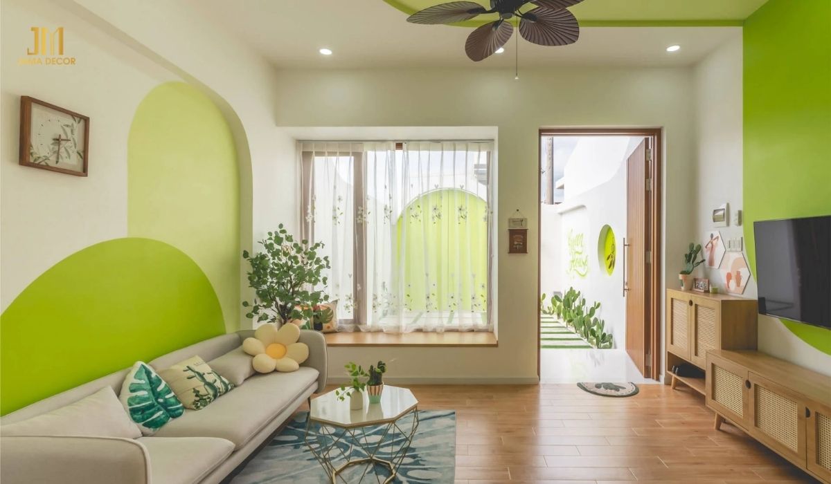 Thiết kế phòng khách đẹp mắt hơn nhờ lựa chọn màu tường xanh nõn chuối độc đáo