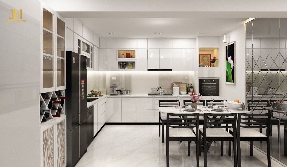 Không gian bếp thu hút ngay từ cái nhìn đầu tiên bởi sự tiện nghi và gọn gàng
