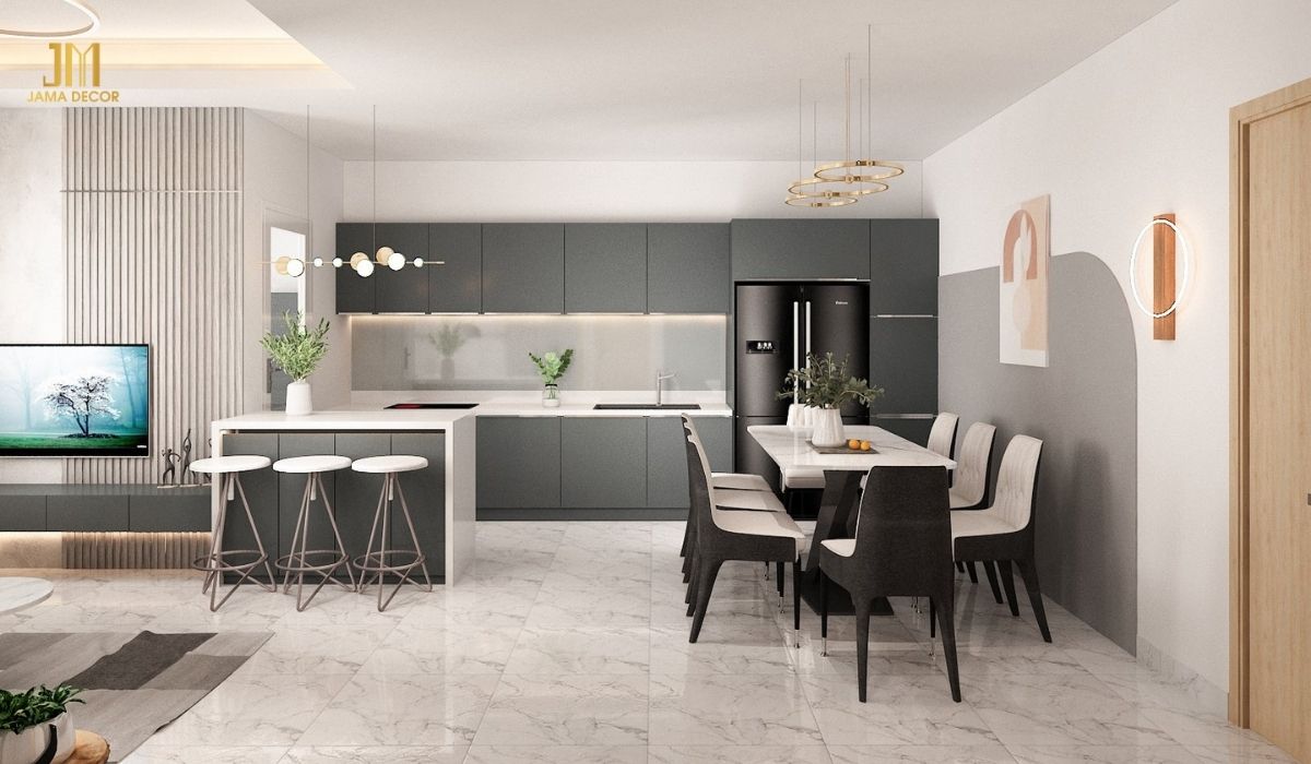 Bức tranh nghệ thuật được treo trên tường, tạo điểm nhấn cho phòng bếp