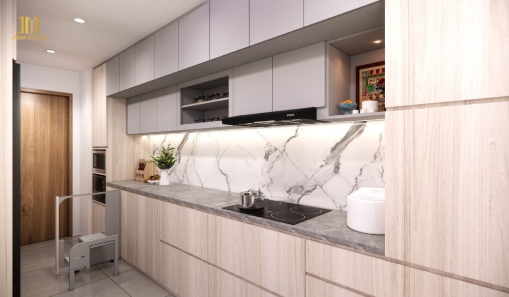 Tủ bếp nhiều ngăn giúp sắp xếp đồ đạc khoa học, tránh tình trạng lộn xộn