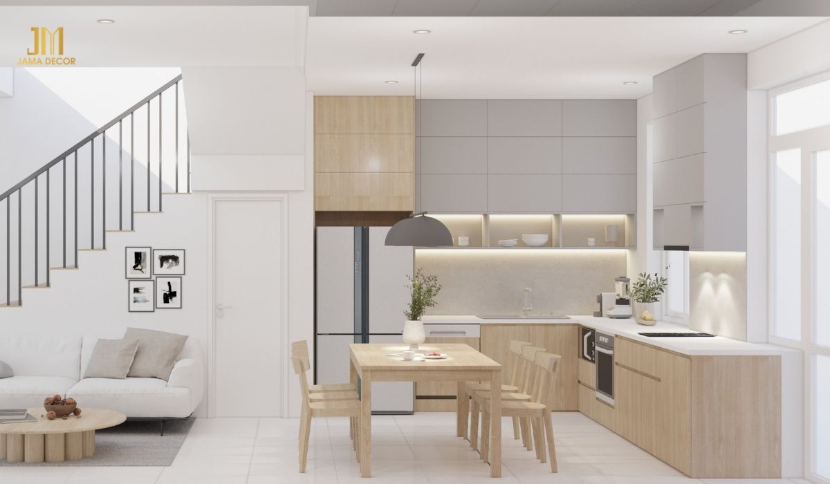 Thiết kế khu vực phòng bếp đơn giản, nhẹ nhàng và sạch sẽ