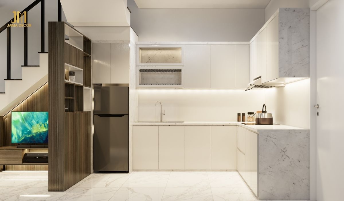 Việc hạn chế đồ đạc trên mặt bếp giúp không gian bếp trông rộng rãi và thông thoáng hơn