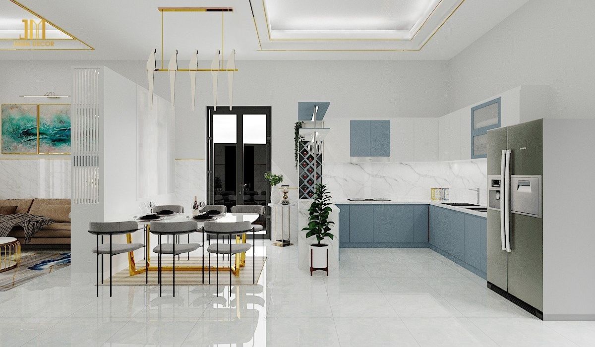 Không gian bếp sáng sủa, rộng rãi nhờ sử dụng tone màu sáng