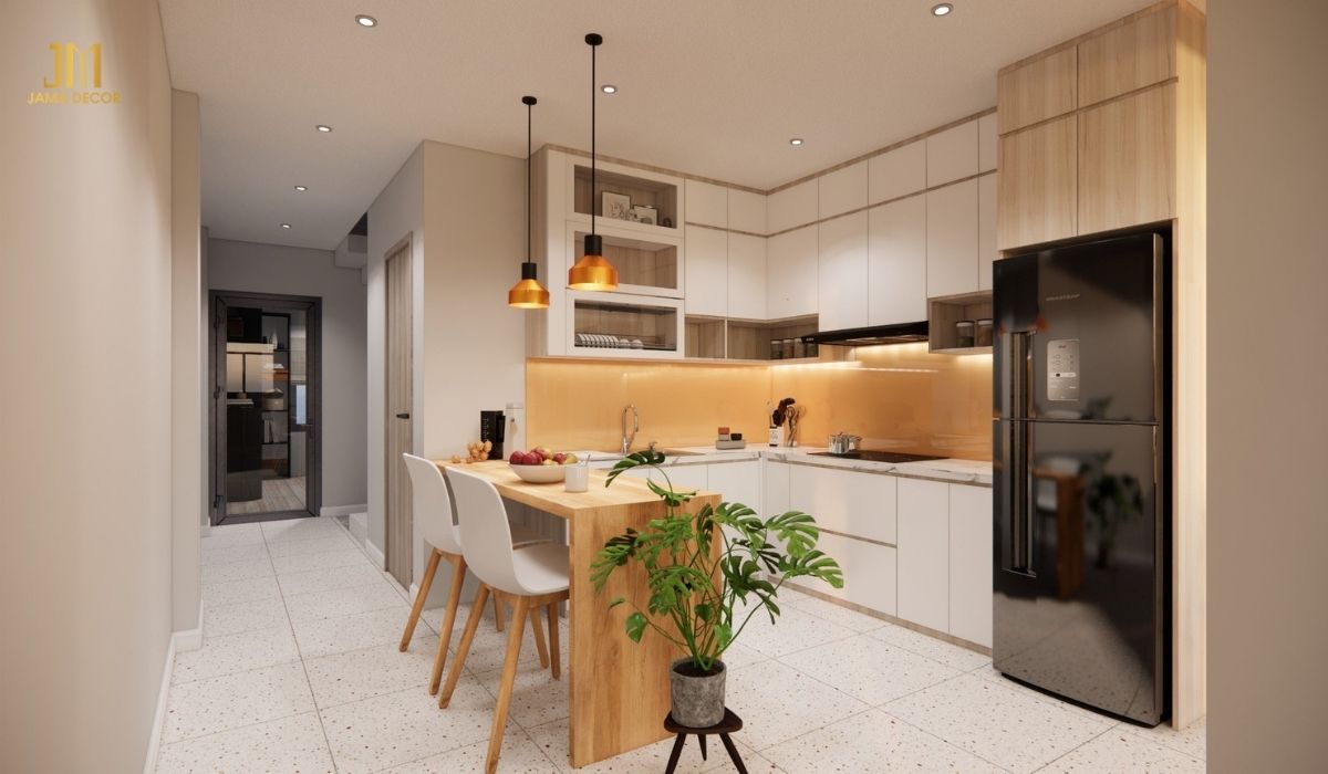 Bếp chữ L ôm sát hai cạnh tường, đặc biệt hiệu quả cho những căn nhà phố có diện tích hạn chế