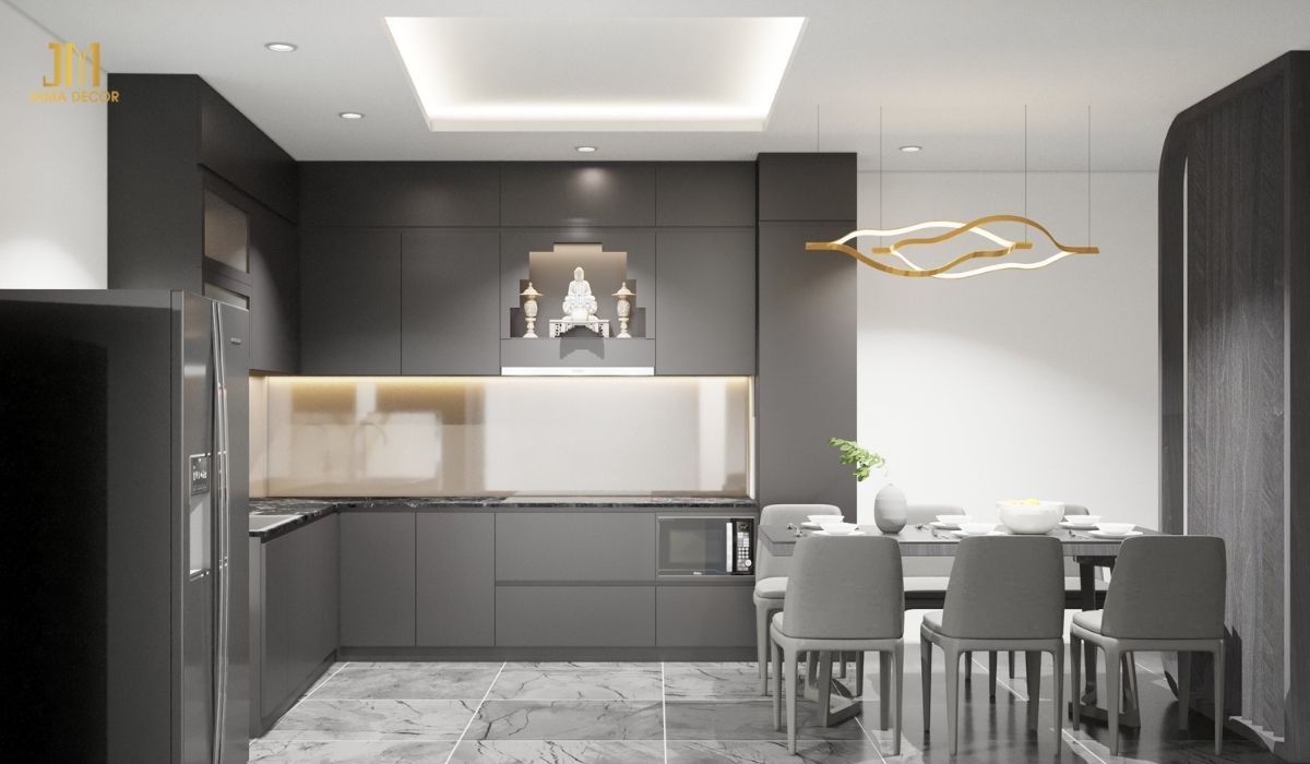 Thiết kế bếp mở vừa đáp ứng nhu cầu nấu nướng, vừa tạo điều kiện trò chuyện thoải mái giữa các thành viên trong gia đình