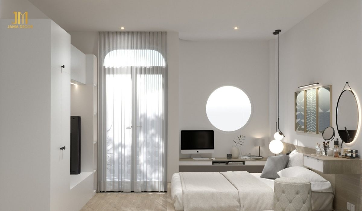 Phòng ngủ với tone màu trắng chủ đạo tạo sự nhẹ nhàng