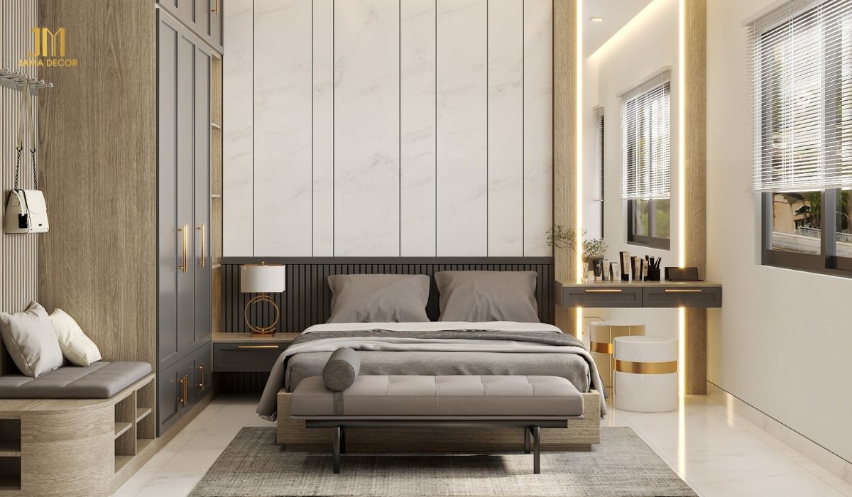 Phòng ngủ hiện đại với gam màu trung tính, kết hợp nội thất thông minh và tiện nghi