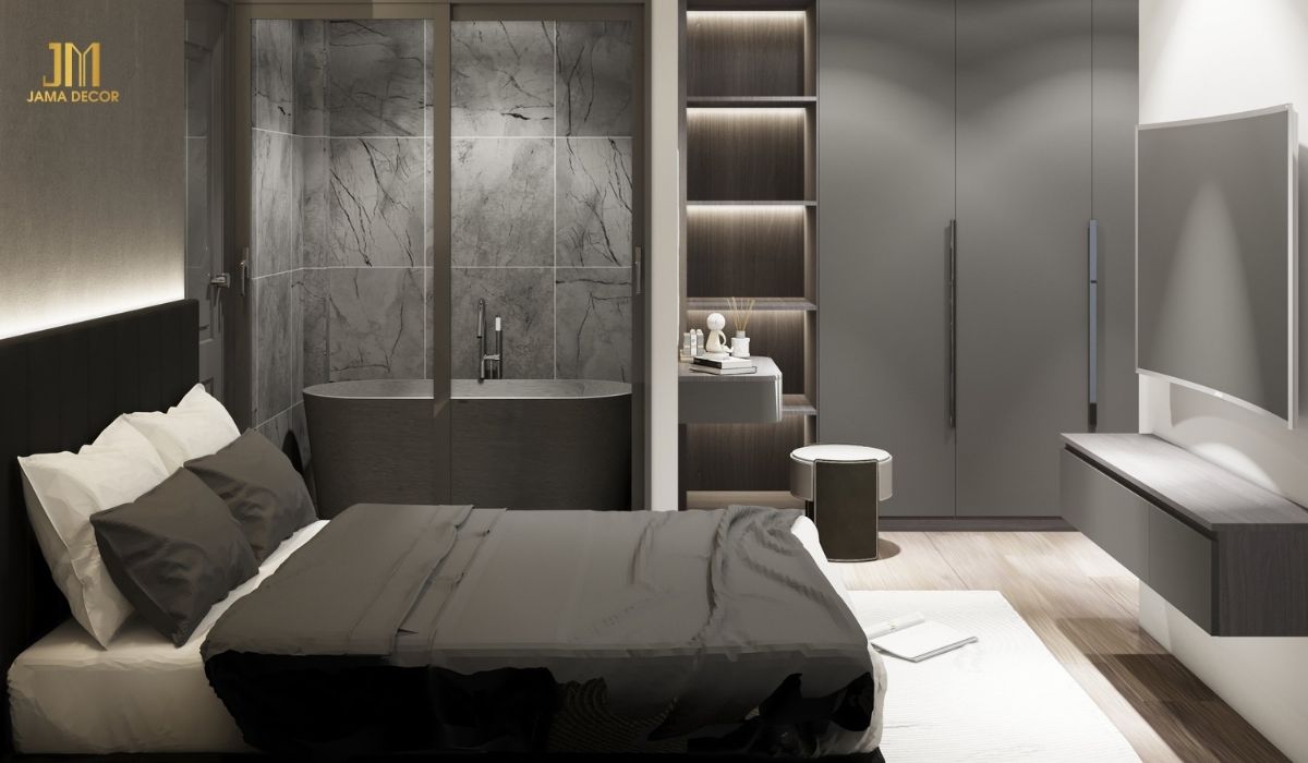 Không gian phòng ngủ độc đáo hơn nhờ việc sử dụng tone màu xám đen và trắng trong phối màu trang trí