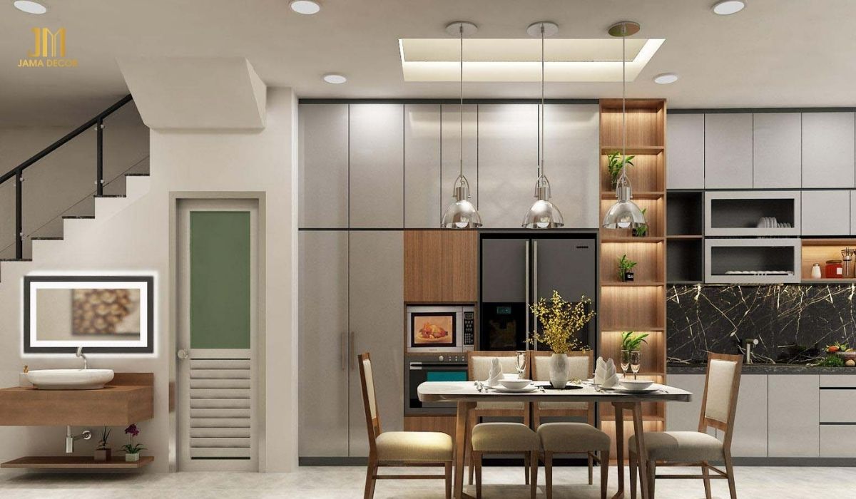 Khu vực bếp hiện đại được bố trí thêm các kệ trang trí