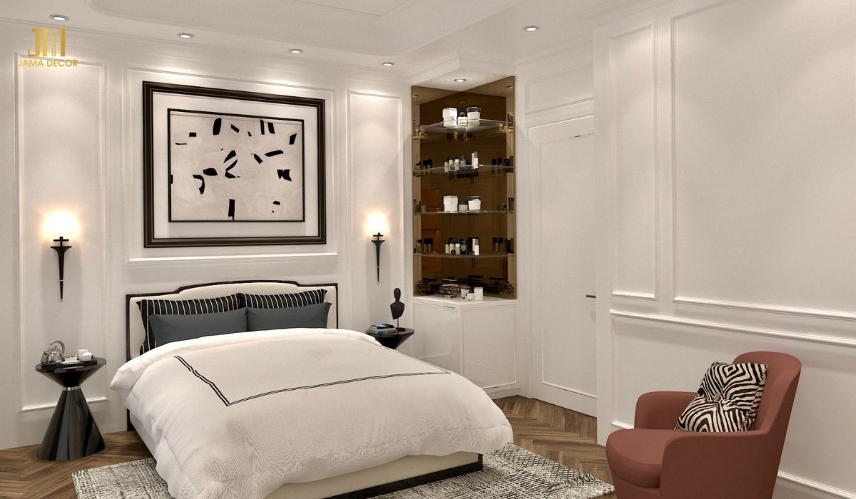 Giường ngủ bọc nệm màu trắng kem là điểm nhấn trong căn phòng