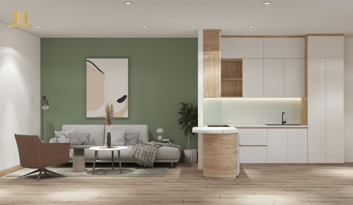 Khu vực phòng khách, bếp được kết nối với nhau, tạo cảm giác rộng rãi và thông thoáng