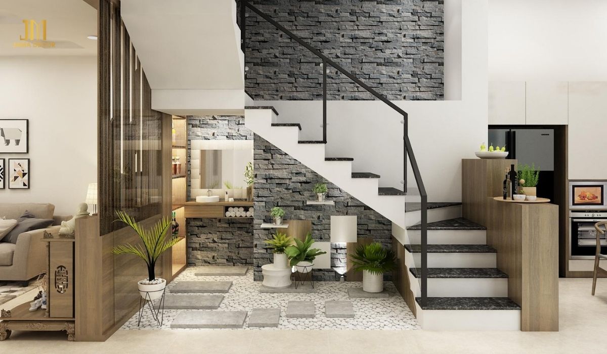 Cây xanh được bố trí ở nhiều vị trí khác nhau trong nhà, tạo điểm nhấn và mang lại cảm giác tươi mát