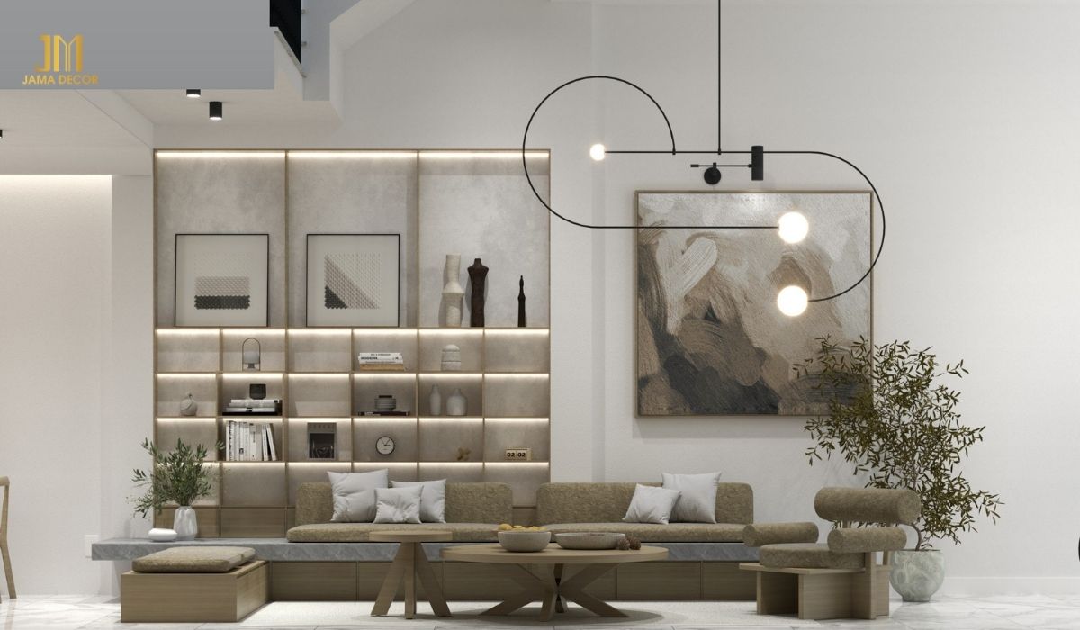 Sofa bọc vải bố, kệ tủ trang trí và đèn trần là điểm nhấn độc đáo giúp không gian trở nên thu hút