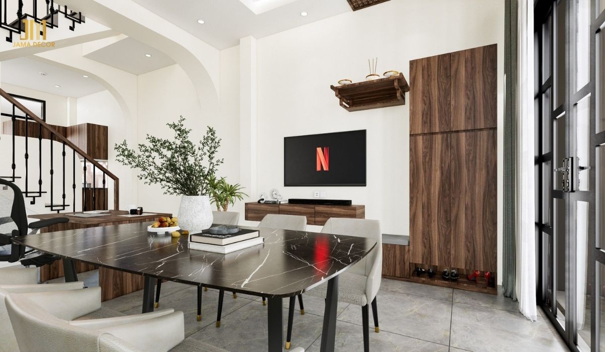 Phòng khách được thiết kế theo phong cách hiện đại với nội thất đơn giản, tinh tế với các đường nét thanh lịch