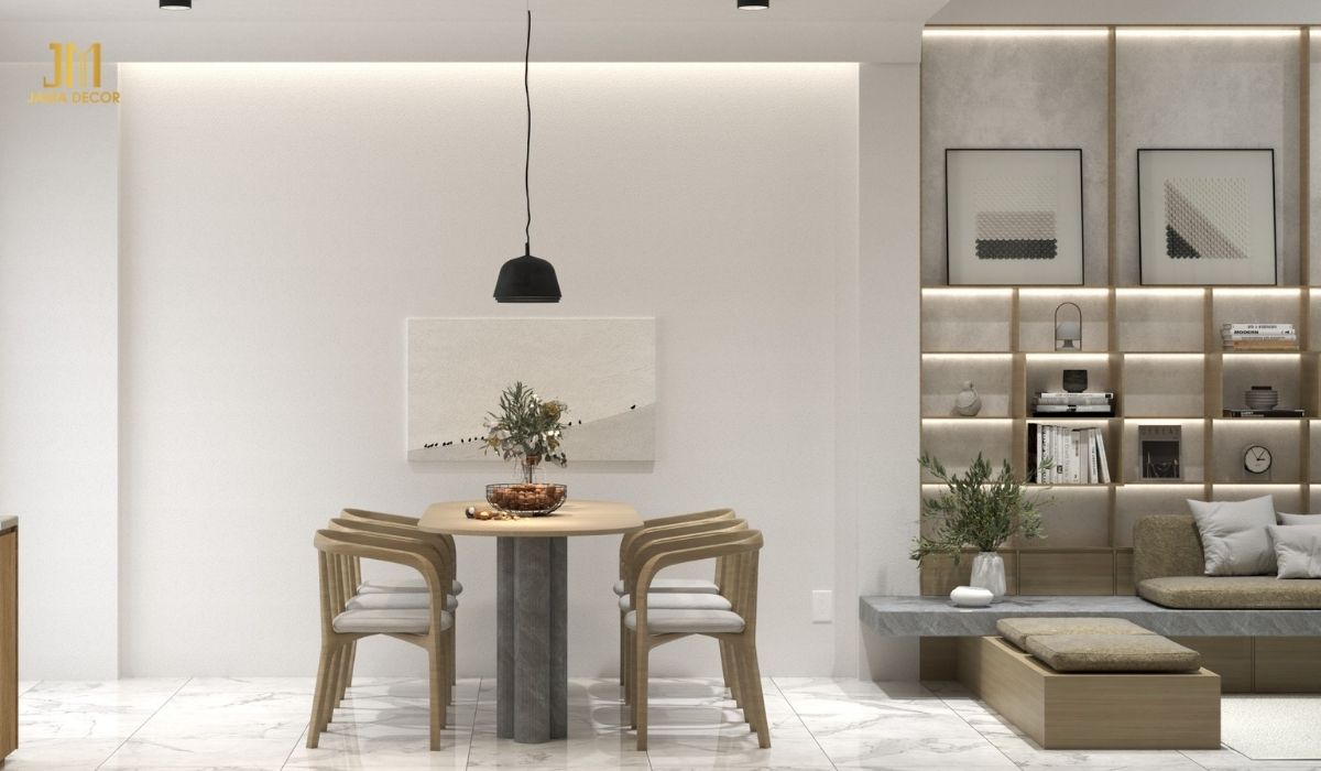 Bộ bàn ăn kết hợp đèn thả trần là điểm nhấn độc đáo cho không gian