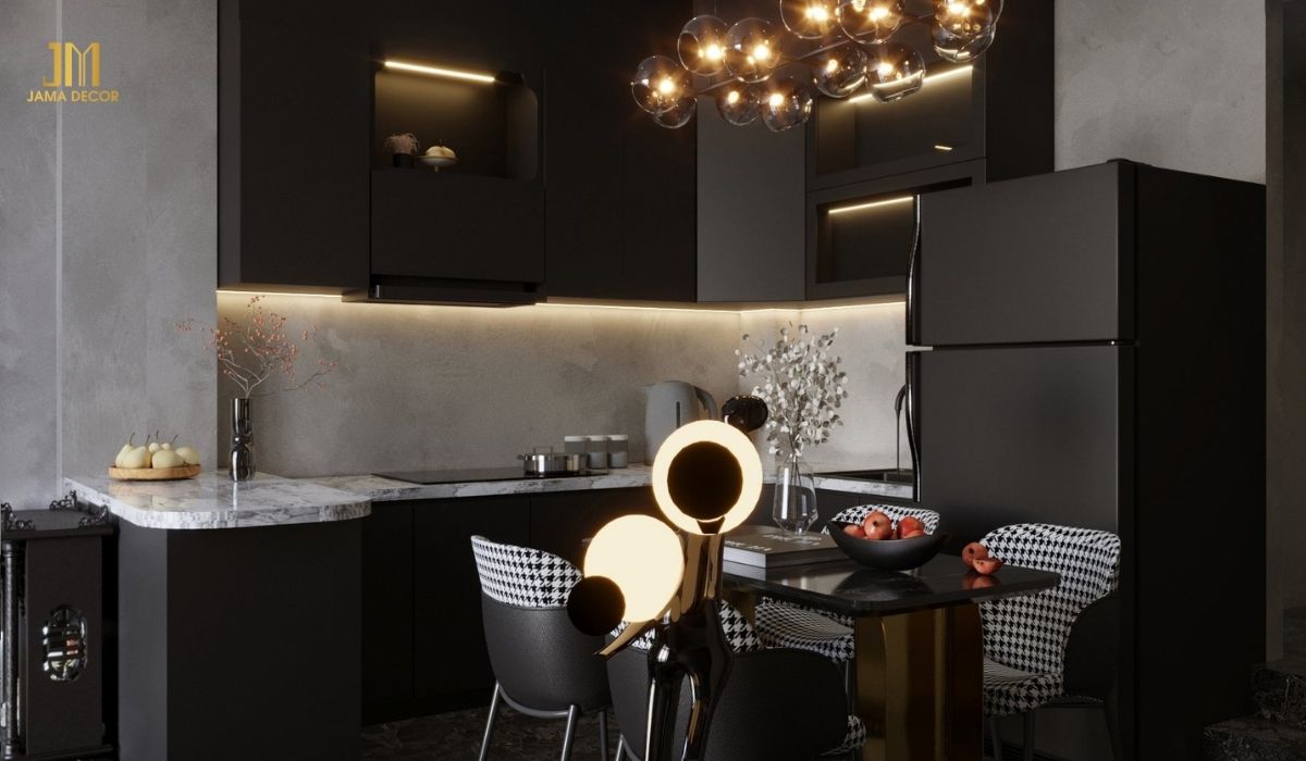 Bếp màu đen và xám đậm là một lựa chọn thiết kế thanh lịch và tinh tế. Hai màu sắc này bổ sung cho nhau rất tốt, tạo nên vẻ ngoài sang trọng và hiện đại