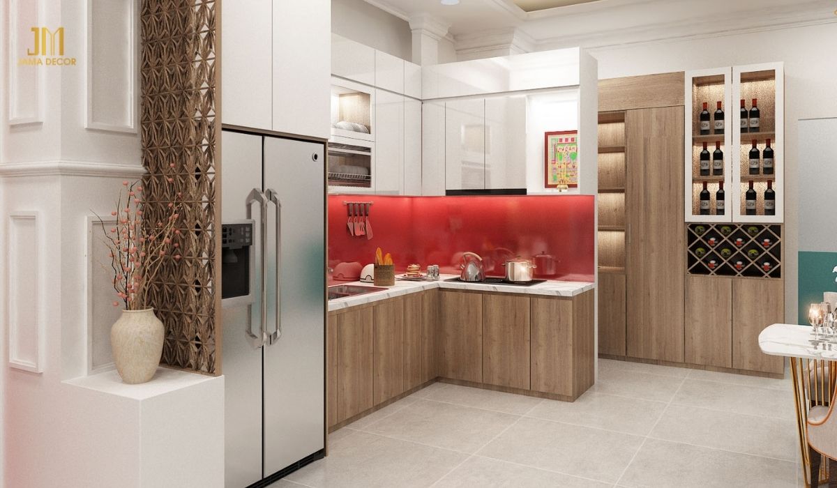 Sử dụng màu đỏ trong bếp có thể giúp tạo cảm giác ấm cúng, gần gũi, mang đến bầu không khí vui vẻ và đầm ấm cho gia đình