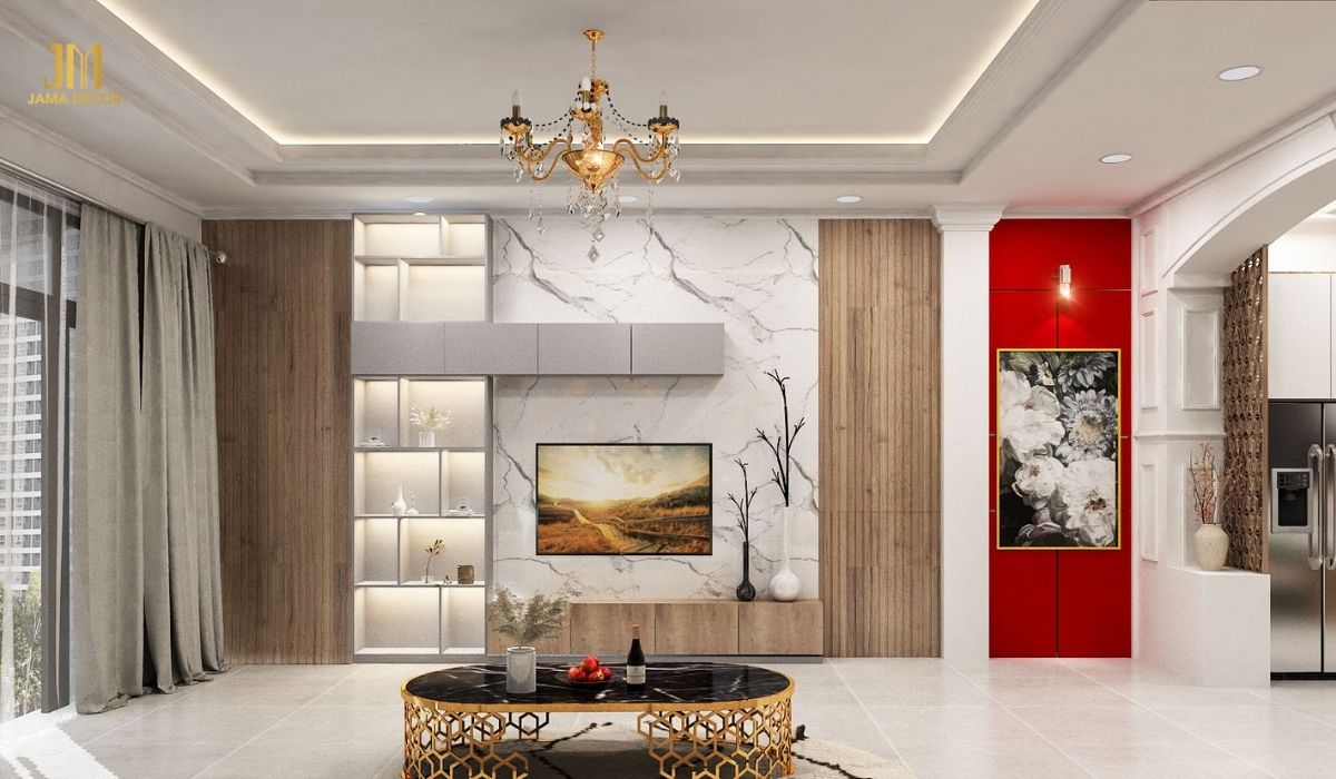 Màu đỏ là màu sắc nổi bật, dễ dàng thu hút sự chú ý và tạo điểm nhấn ấn tượng cho phòng khách