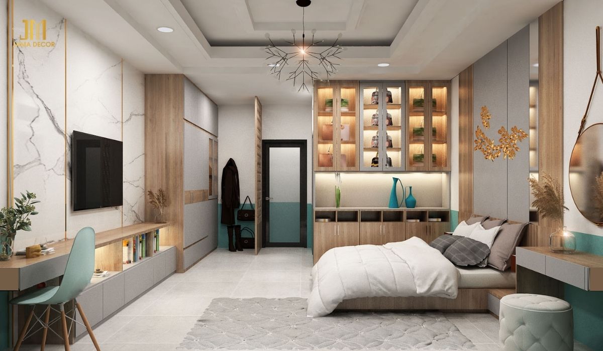 Căn phòng có tất cả đồ nội thất và phụ kiện cần thiết để tạo ra một không gian ngủ thoải mái và chức năng