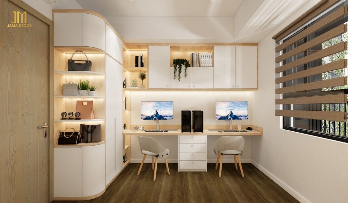 Phòng làm việc tiện nghi với hệ tủ chứa đồ rộng rãi