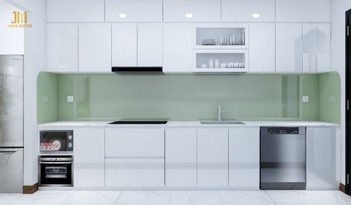 Tủ bếp chữ i kết hợp máy rửa bát, lò nướng, lò vi sóng