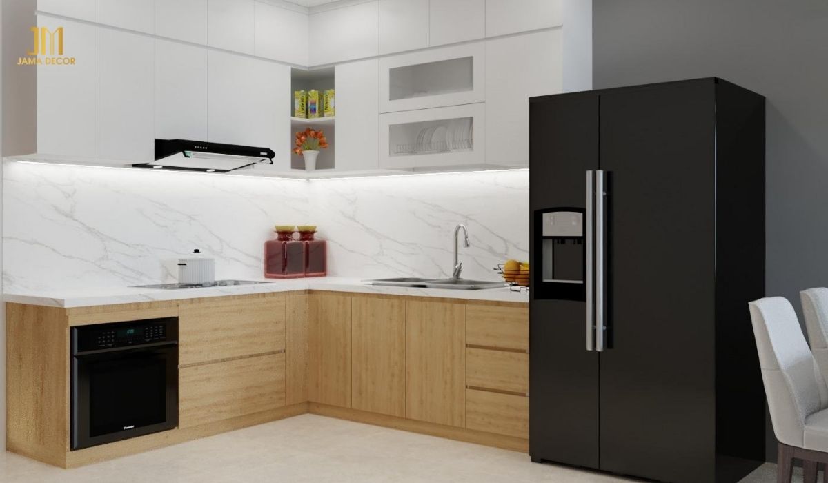 Tủ bếp chữ L nhỏ gọn không tốn quá nhiều diện tích bếp, do vậy luôn được ưu tiên sử dụng khi thiết kế