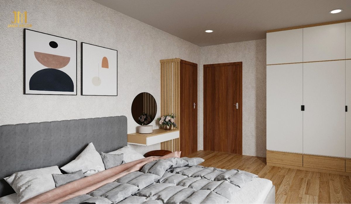 Giường ngủ êm ái kết hợp với tủ quần áo là đồ nội thất không thể thiếu khi thiết kế nội thất chung cư hiện đại