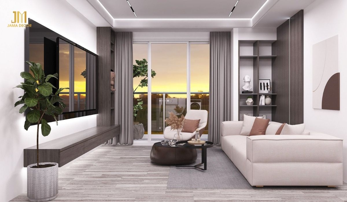 Sofa màu kem sữa là điểm nhấn chính của không gian phòng khách