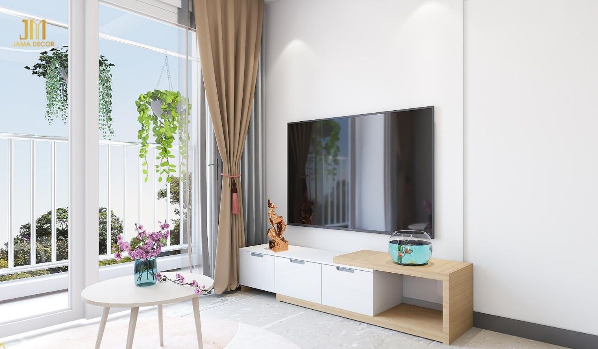 Không gian phòng khách sáng sủa nhờ lựa chọn trắng là tone màu chủ đạo kết hợp cùng việc tận dụng ánh sáng tự nhiên