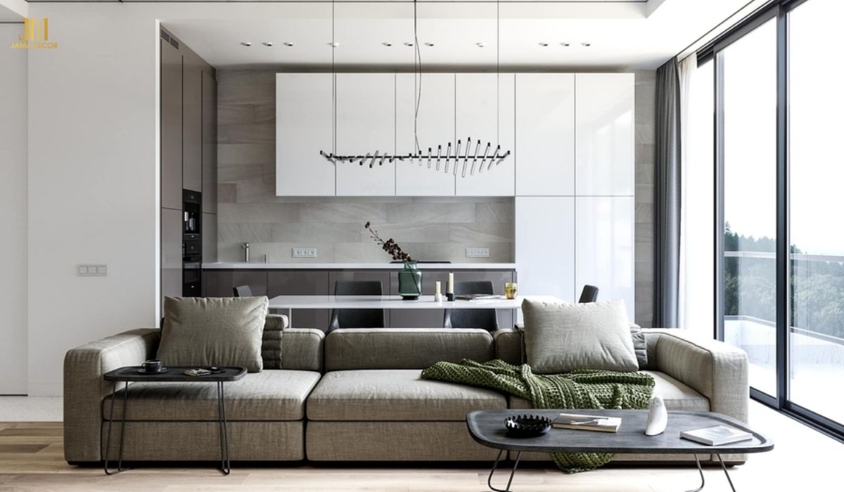 Khu vực bếp được trang trí đơn giản ngay sau sofa nhưng vẫn đảm bảo tính sang trọng