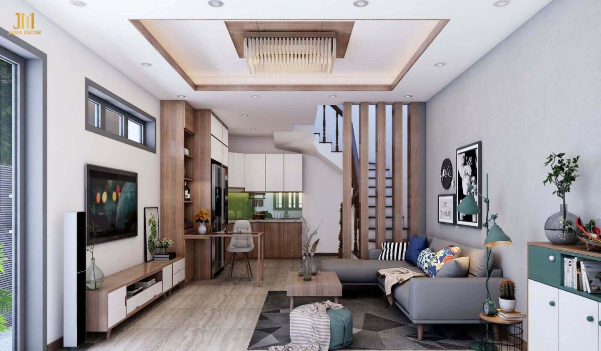 Vì chiều ngang tương đối hẹp nên khi thiết kế nội thất phòng khách cần chú ý đến việc lựa chọn kích thước và kiểu dáng nội thất phù hợp, tránh sử dụng những món đồ quá cồng kềnh, chiếm nhiều diện tích