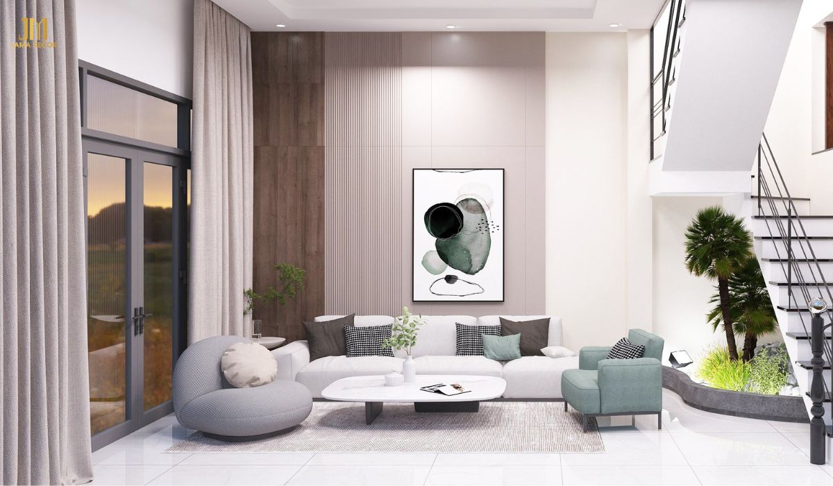 Phòng khách được thiết kế tập trung vào bộ sofa êm ái nhiều màu, là điểm nhấn ấn tượng thu hút mọi ánh nhìn khi bước vào không gian phòng khách