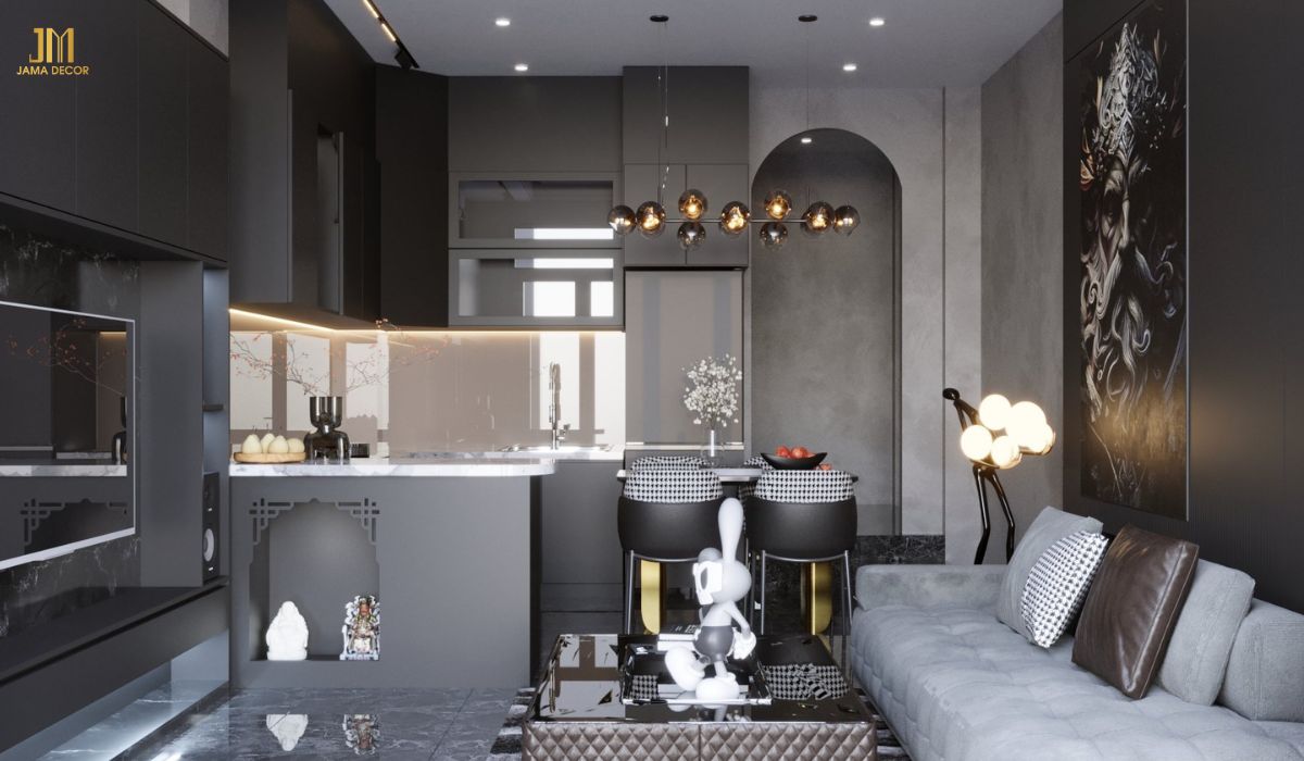 Thiết kế phòng khách sử dụng màu đen làm chủ đạo là một lựa chọn phù hợp cho những gia chủ yêu thích sự mạnh mẽ, cá tính và muốn tạo điểm nhấn cho không gian