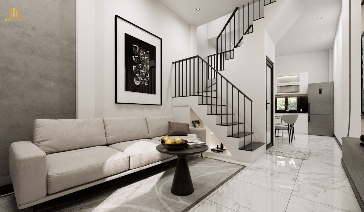 Nội thất phòng khách sử dụng tone màu xám trắng, tạo nên không gian rộng rãi, thoáng mát